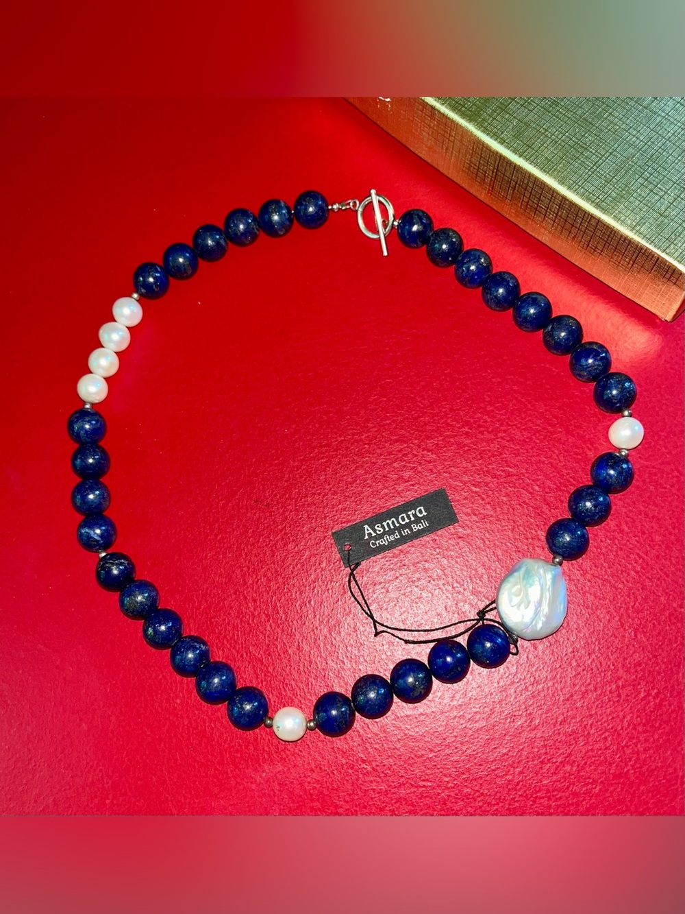 lapis Asmara beaded necklace with pearls And silver clasp, 20 Inches